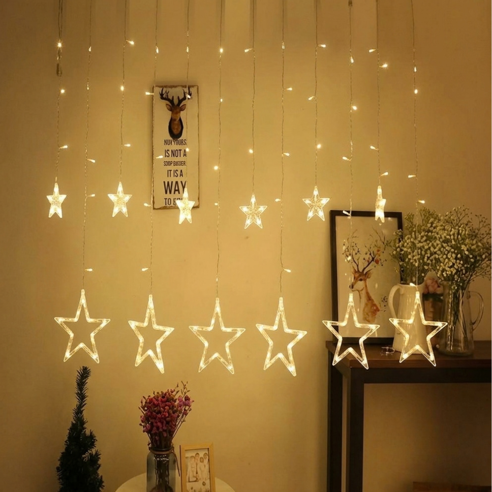 CORTINA DE LUCES LED NAVIDEÑA EN CASCADA CON FIGURA DE ESTRELLAS