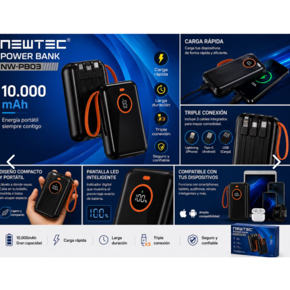 POWER BANK CARGA RAPIDA CON CABLES NWPB