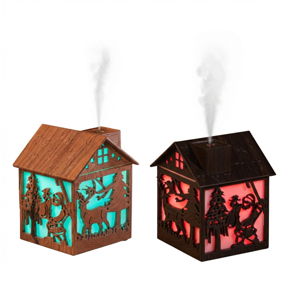 HUMIFICADOR ULTRASONICO Y DIFUSOR DE AROMAS CON DISEÑO DE CABAÑA Y LUZ LED