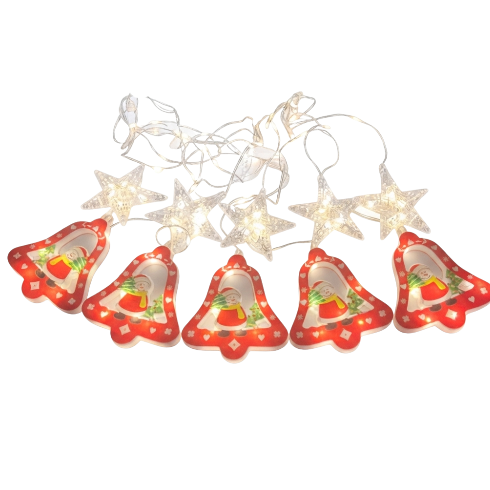 SERIE DE LUCES NAVIDEÑAS LED CON FIGURAS DE CAMPANAS Y ESTRELLAS