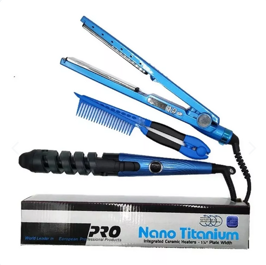 COMBO NANO TITANIUM - PLANCHA, PEINE Y RIZADOR