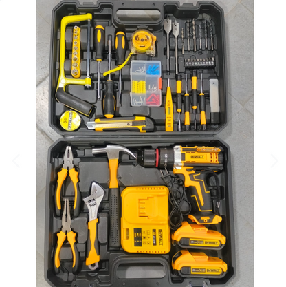 KIT COMPLETO DE HERRAMIENTAS DE MANTENIMIENTO CON TALADRO INHALAMBRICO TIPO DEWALT 20V
