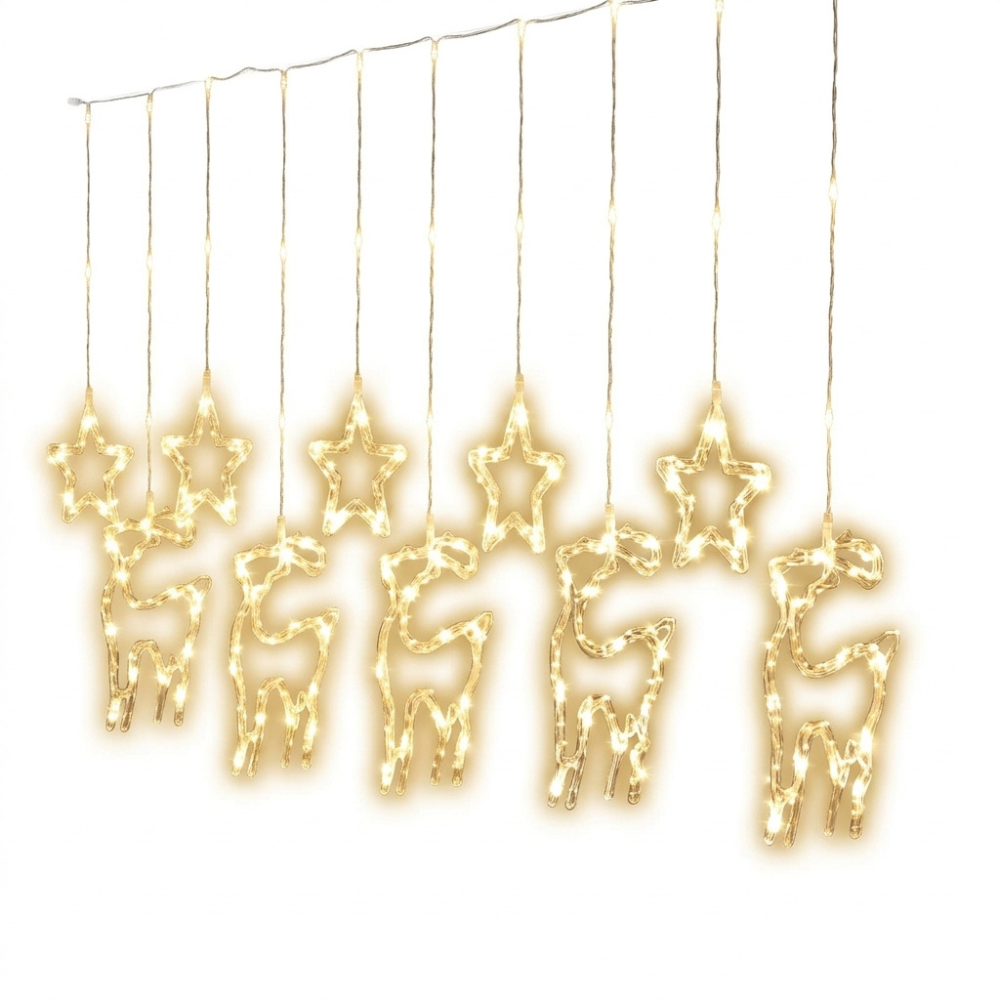 CORTINA DE LUCES LED NAVIDEÑA EN CASCADA CON FIGURA DE RENO Y ESTRELLAS
