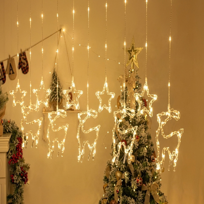 CORTINA DE LUCES LED NAVIDEÑA EN CASCADA CON FIGURA DE RENO Y ESTRELLAS