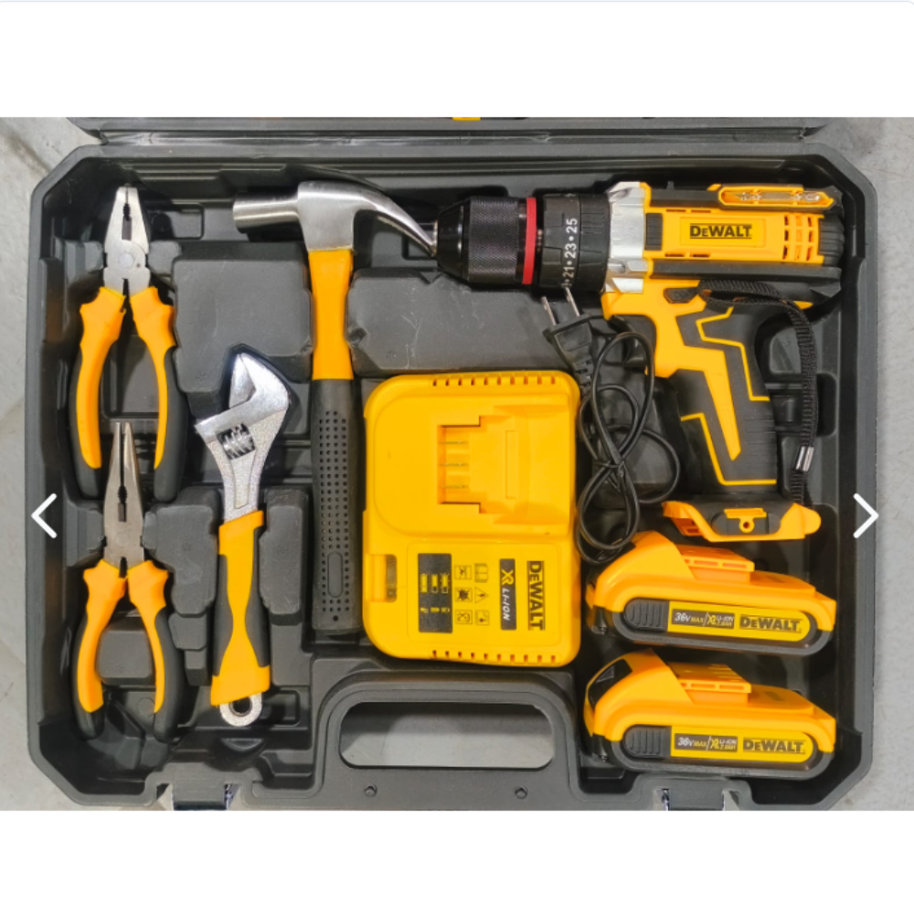 KIT COMPLETO DE HERRAMIENTAS DE MANO Y TALADRO ATORNILLADOR INALAMBRICO DEWALT 36V