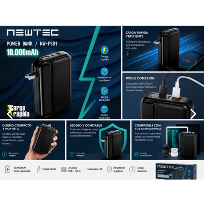 POWER BANK NEWTEC NWPB01 10.000 MAH CON ENCHUFE INTEGRADO