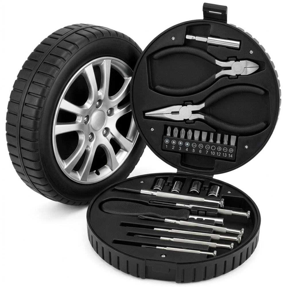 KIT DE HERRAMIENTAS MULTIUSOS EN ESTUCHE CON FORMA DE LLANTA DE COCHE