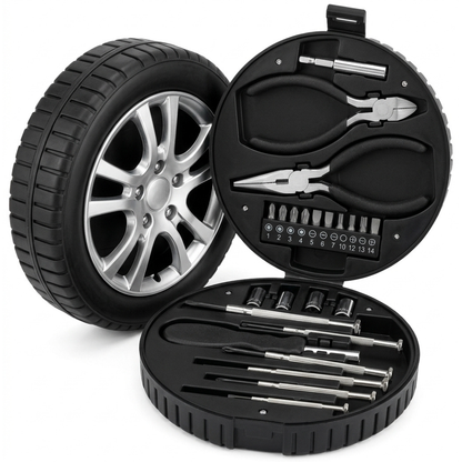 KIT DE HERRAMIENTAS MULTIUSOS EN ESTUCHE CON FORMA DE LLANTA DE COCHE