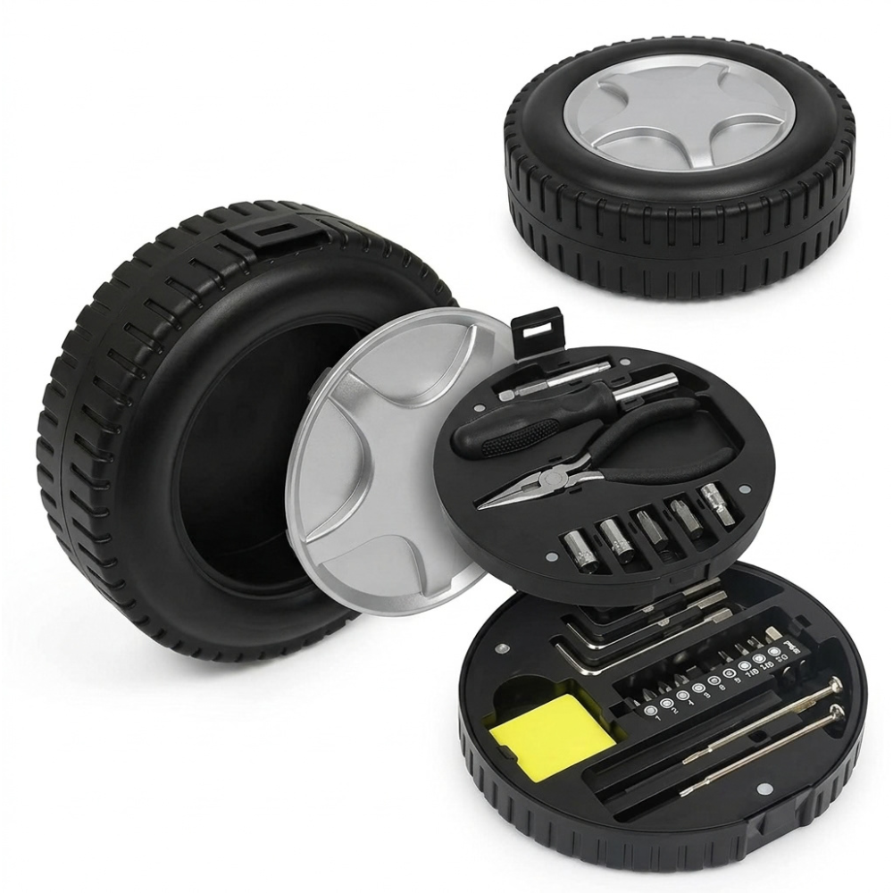 KIT DE HERRAMIENTAS MULTIUSOS EN ESTUCHE CON FORMA DE LLANTA DE COCHE