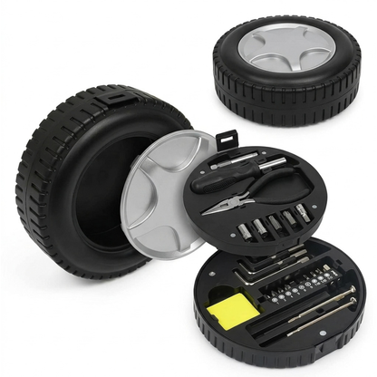 KIT DE HERRAMIENTAS MULTIUSOS EN ESTUCHE CON FORMA DE LLANTA DE COCHE