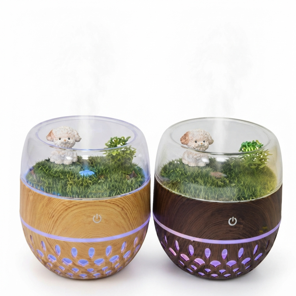 HUMIFICADOR ULTRASONICO Y DIFUSOR DE AROMAS CON DISEÑO DE MINI JARDIN Y PERRITO