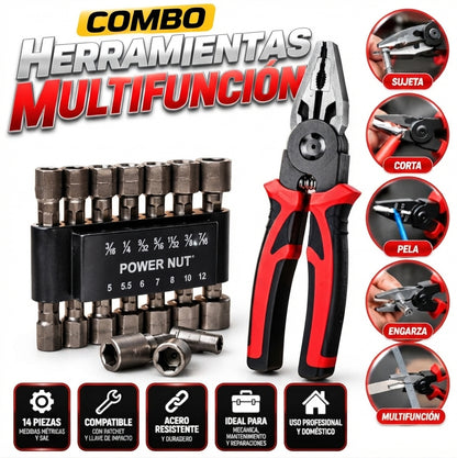 COMBO DE HERRAMIENTAS MULTIFUNCION: ALICATE UNIVERSAL Y SET DE 14 COPAS ADAPTADORAS