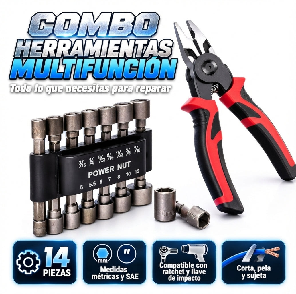 COMBO DE HERRAMIENTAS MULTIFUNCION: ALICATE UNIVERSAL Y SET DE 14 COPAS ADAPTADORAS