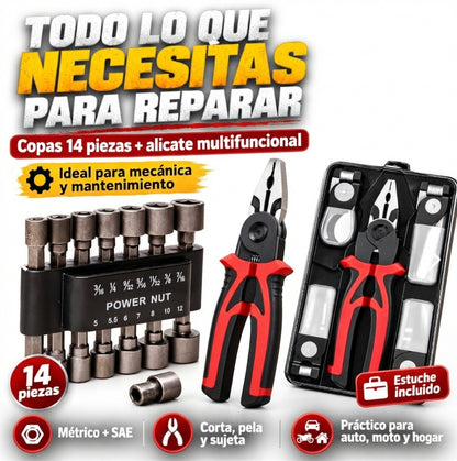 COMBO DE HERRAMIENTAS MULTIFUNCION: ALICATE UNIVERSAL Y SET DE 14 COPAS ADAPTADORAS